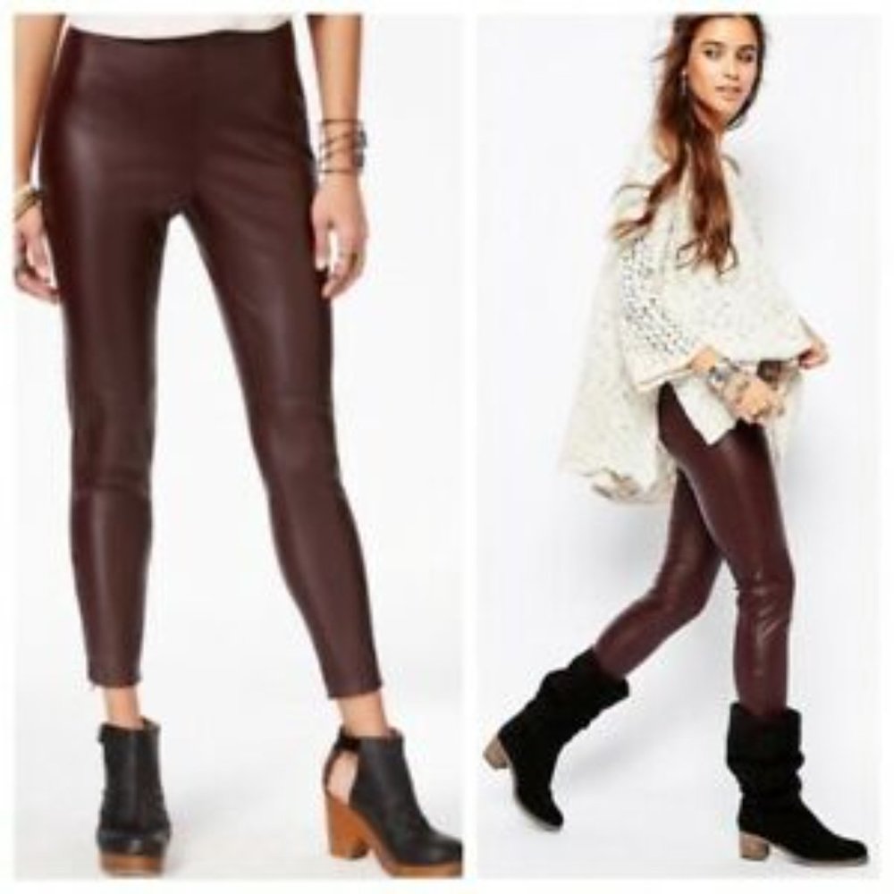 Free People Women's Lana Vegan Leather Leggings Pants Side Zipper Brown Size 2